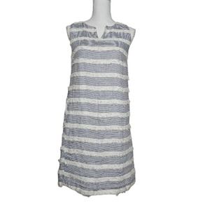J McLAUGHLIN Linen A-line Dress Sz S‎ Arroyo Sleeveless Blue White Fringe Stripe